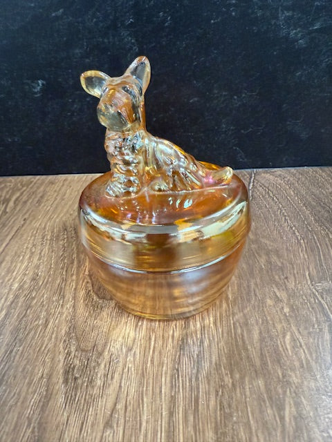 VINTAGE MARIGOLD IRIDESCENT JEANETTE CARNIVAL GLASS LIDDED SCOTTIE TRINKET DISH