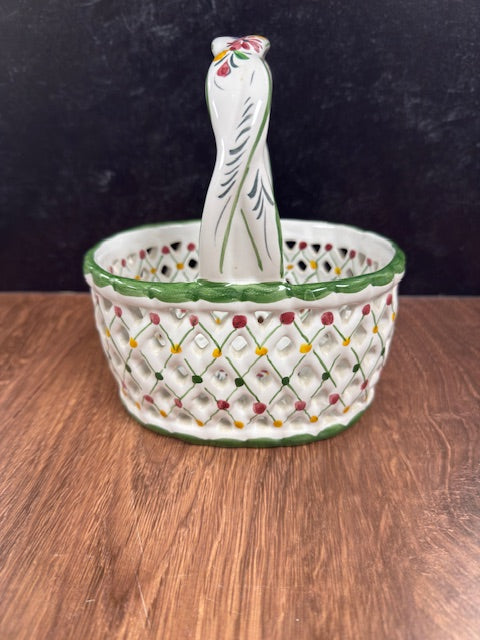 VINTAGE PORTUGAL LATTICE HAND PAINTED PORCELAIN BASKET