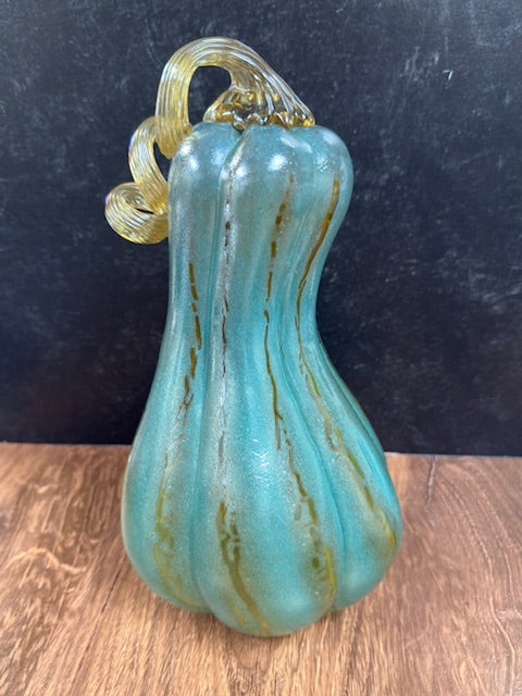 HAND BLOWN GLASS GOURD AND PUMPKIN - IRRIDESCENT AQUA AND GOLD