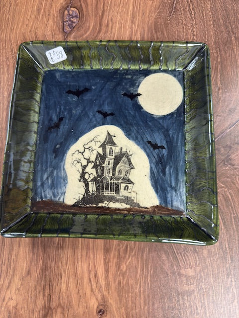 POTTERY BY SARAH FORNO - HAUNTED HOUSE PLATE 7.25" SQ.