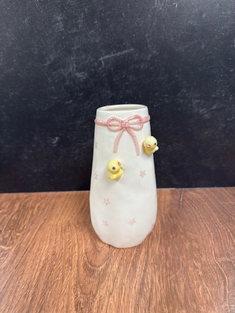VINTAGE VASE WITH CHICKS AND BOW
