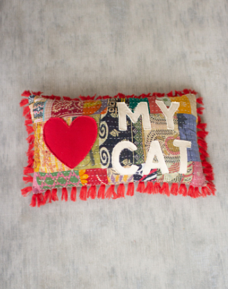 "I LOVE MY CAT" RECYCLED MATERIALS KANTHA PILLOW