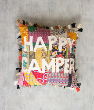 "HAPPY CAMPER" RECYCLED MATERIALS KANTHA PILLOW