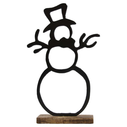 BLACK METAL SNOWMAN ON STAND - ASSORTED