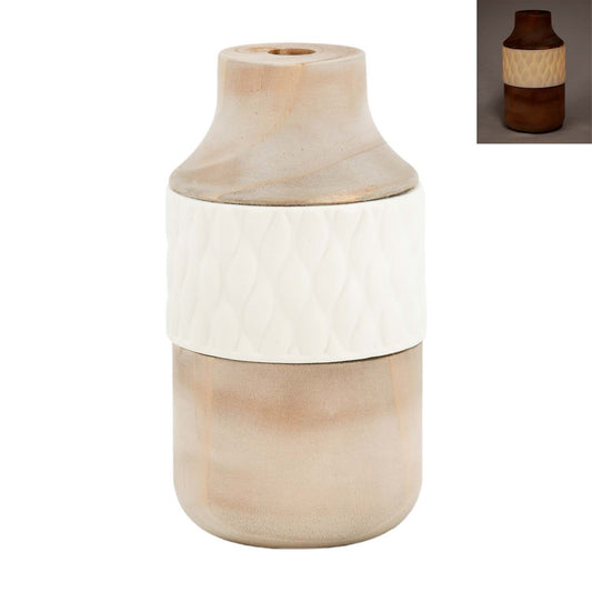 NATURAL WOOD WITH WHITE PORCELAIN BAND VASE