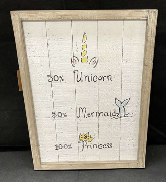 "50% UNICORN, 50% MERMAID, 100% PRINCESS" WOOD FRAMED ARTWORK