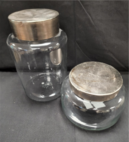 GLASS CONISTER WITH METAL LID - 8.5"DIA. x 12" T