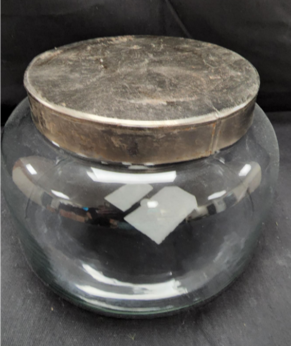 GLASS CANISTER WITH METAL LID - 9.5" DIA. x 6.5"T