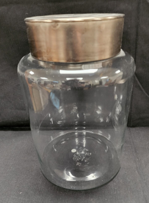 GLASS CONISTER WITH METAL LID - 8.5"DIA. x 12" T