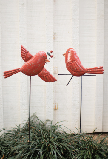 HAND HAMMERED RED BIRD HOLIDAY YARD STAKES