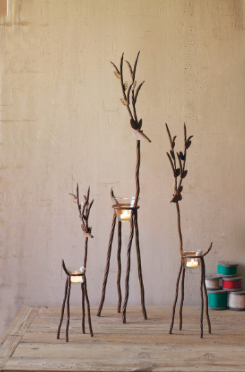 RUSTIC IRON REINDEER WITH TEA LIGHT CUPS - SET OF 3